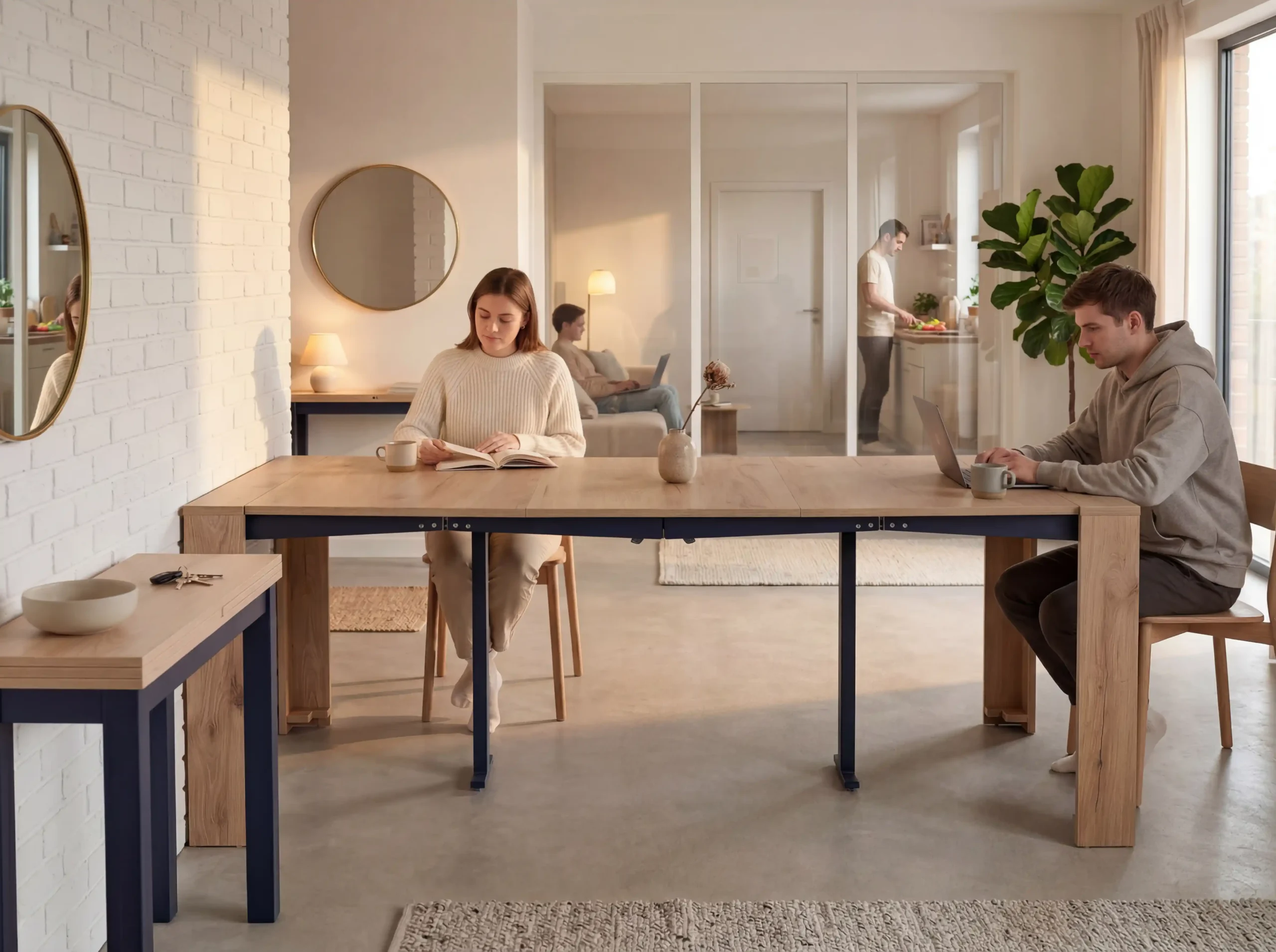Estudiantes haciendo uso de la mesa Expand en un Co Living
