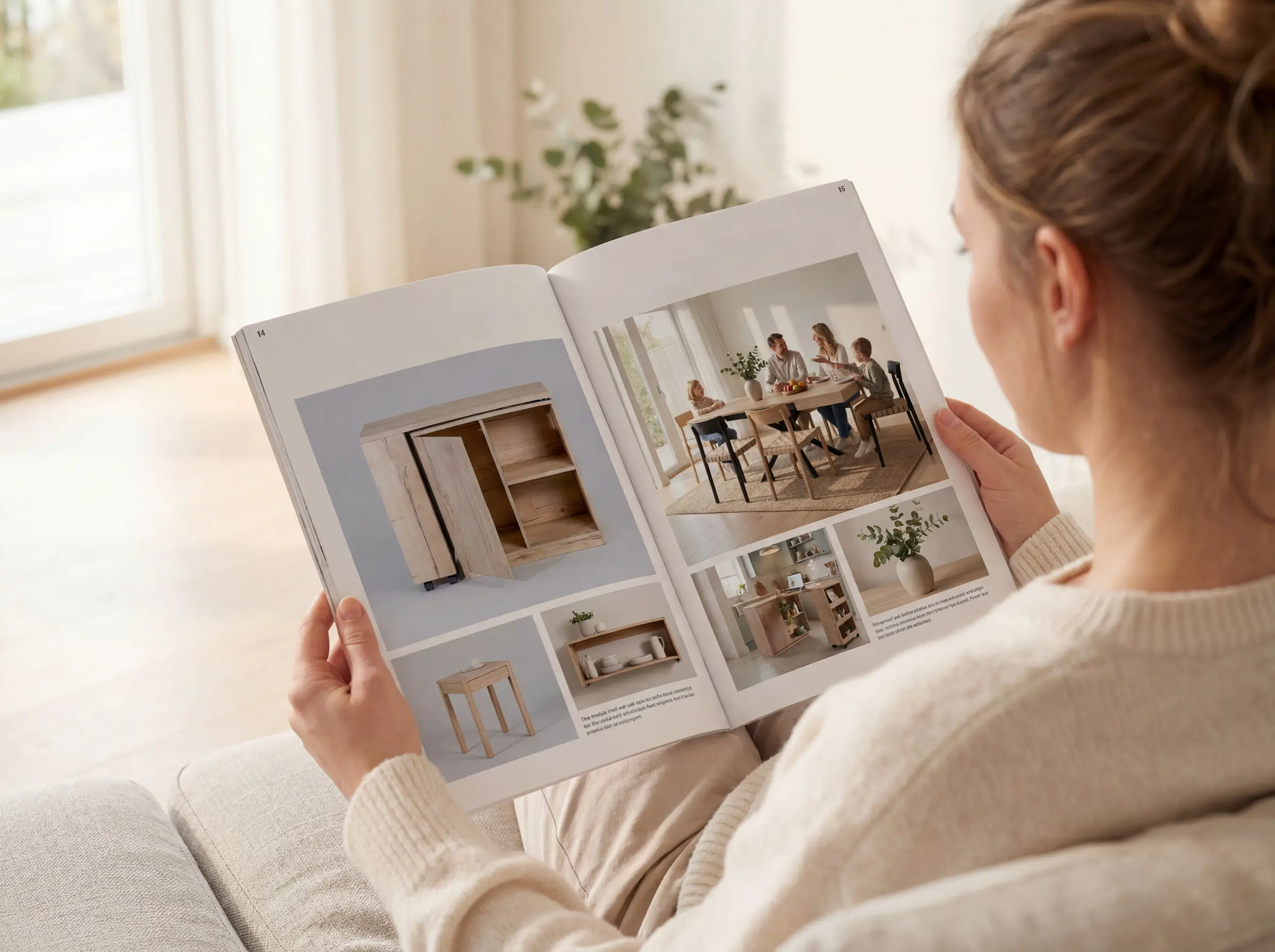 Mujer mirando un catálogo de muebles de Mobiq