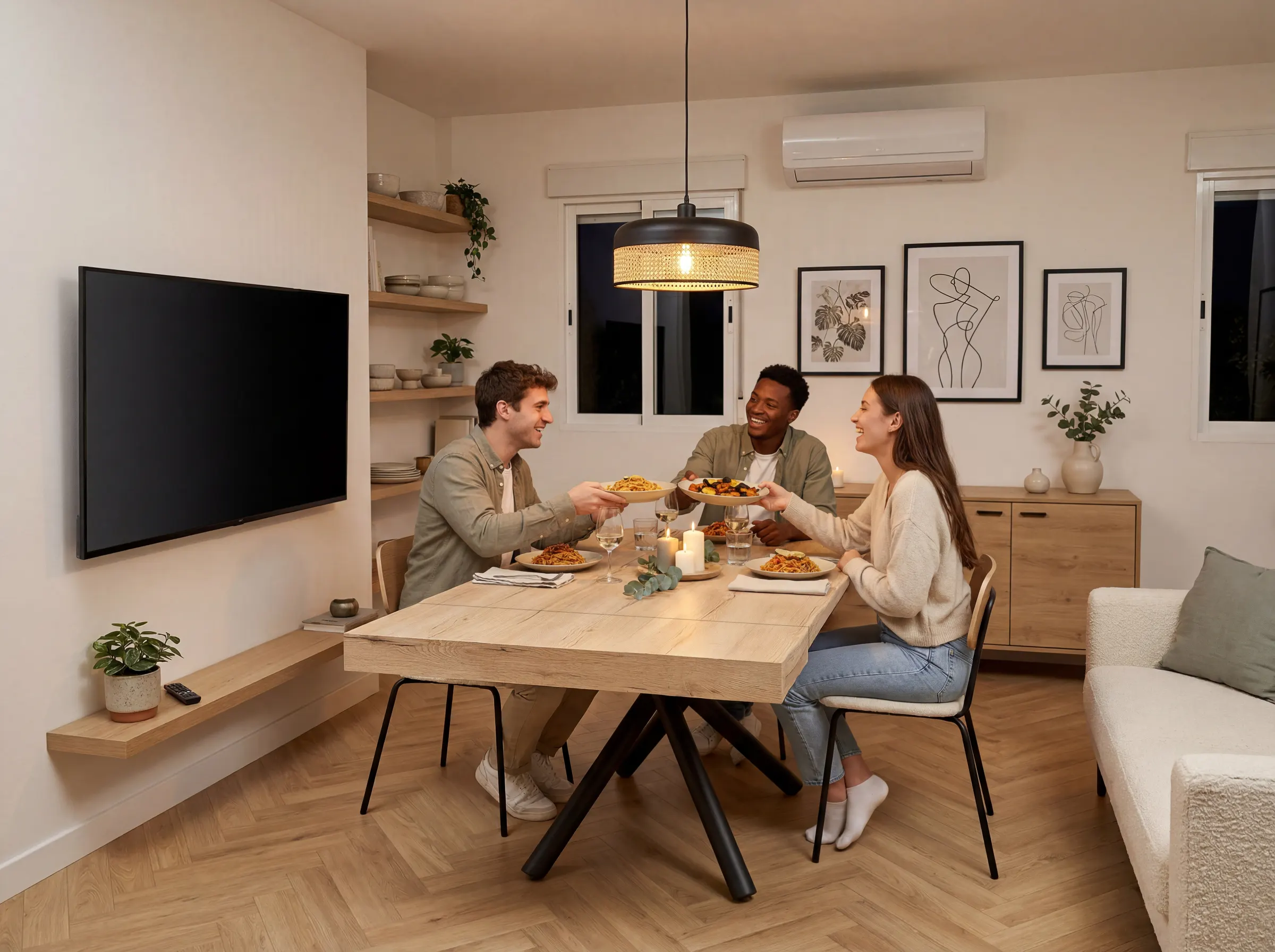 Jóvenes cenando en un comedor estrecho encima de la mesa de comedor Dual